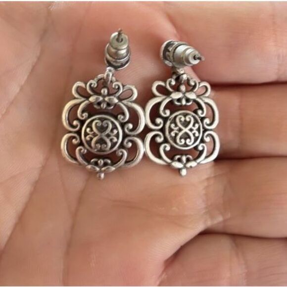 BRIGHTON ROSELIE FLOWER CLEAR SWAROVSKI CRYST SILVER POST DROP EARRINGS VINTAGE - Picture 4 of 4